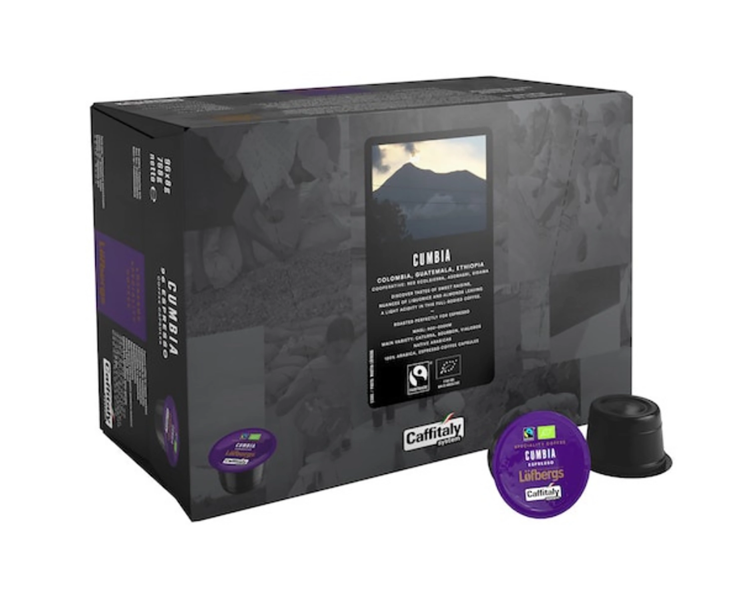 Löfbergs Office Cumbia Espresso kapselit 96x8g, luomu, kahvi, voimakas ja aromikas espressokapseli, 768g pakkauksessa.