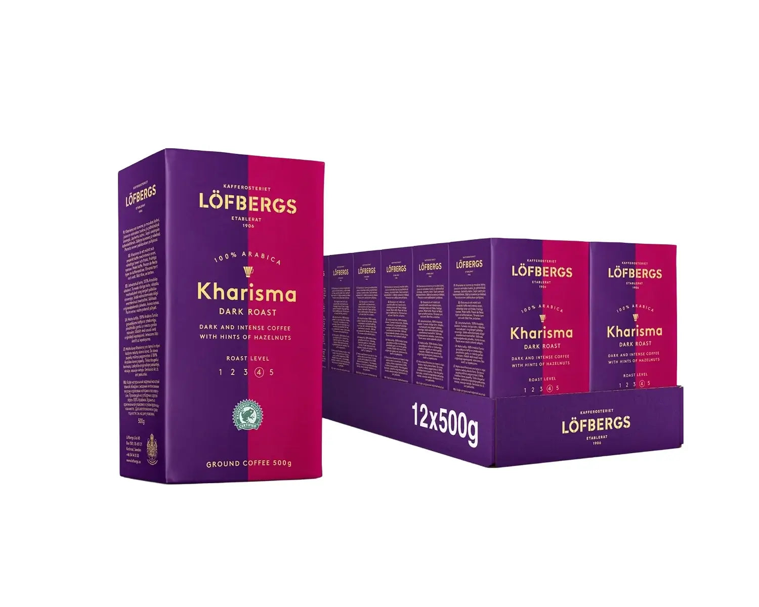 Löfbergs Kharisma kahvitölkit 12x500g, laadukas kahvi Löfbergs Office -brändiltä, sopii kahvinkeittimiin ja toimituksiin