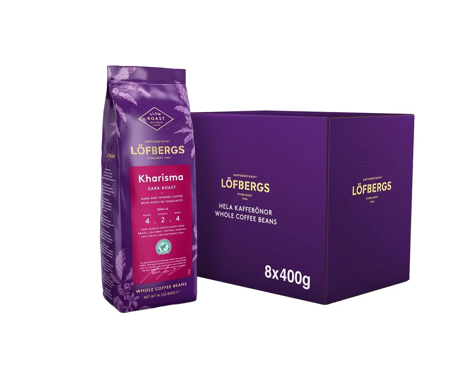 Löfbergs Office Kharisma kahvipavut 8x400g, aromikas tummapaahtoinen kahvi, kokonaisia papuja, 3,2 kg pakkauksessa.