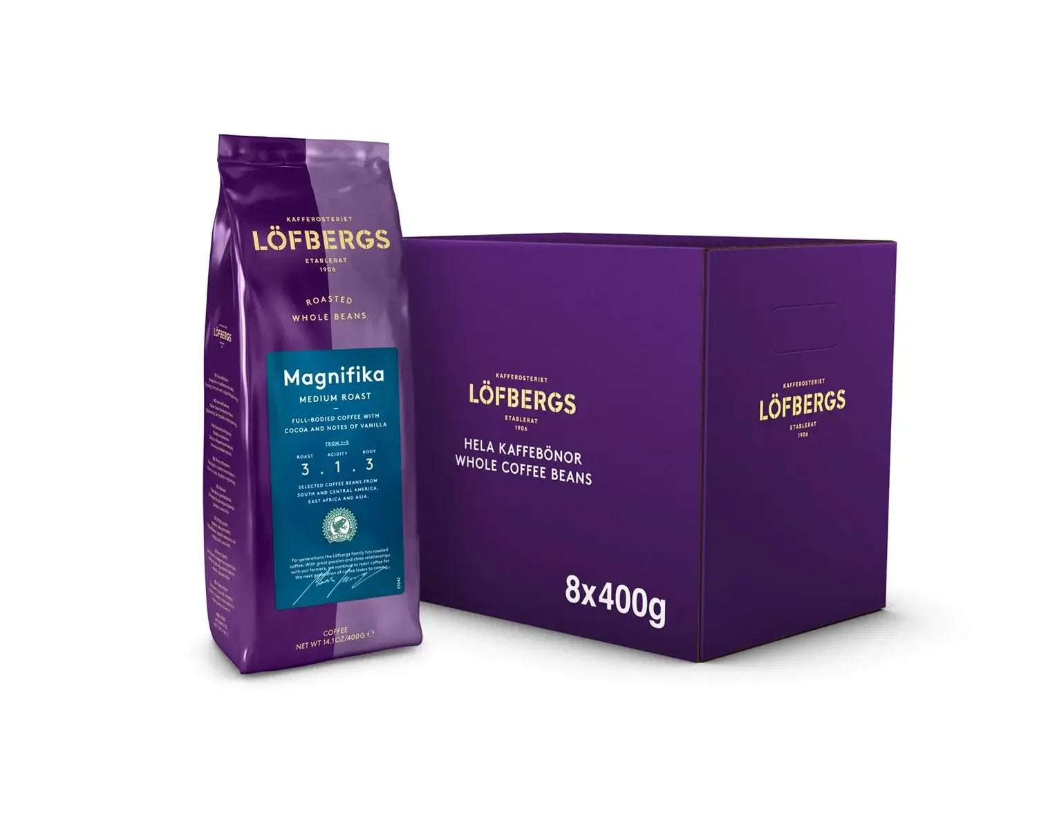 Löfbergs Office Magnifika kahvipavut 8x400g, valkoinen pakkaus, aromikas kahvi, 3,2 kg erä, kahvitietoinen valinta