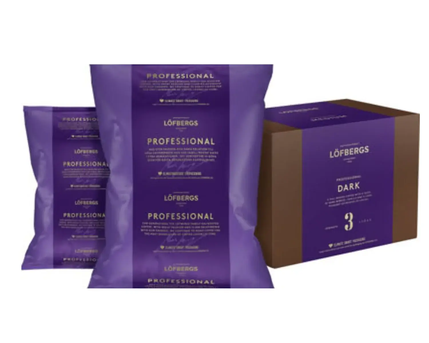 Löfbergs Office Professional Dark kahvit, 24x250g, tummapaahtoista kahvia, näkyvissä kahvipaketteja, kahvilaatuinen aromaattinen tuote